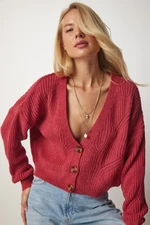 Happiness İstanbul Women's Dark Pink Buttoned V-Neck Orlon Cardigan