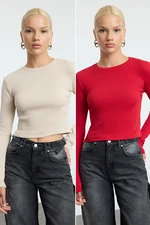 Trendyol Red-stone 2 Pack Fitted Crew Neck Ribbed Crop Stretchy Knitted Blouse