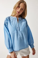 Happiness İstanbul Women's Sky Blue Embroidered Linen Blouse