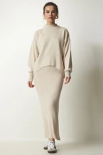 Happiness İstanbul Women's Beige Corded Knitwear Sweater Dress