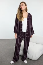 Trendyol Dark Plum 3-Pack Striped Viscose Woven Pajama Set