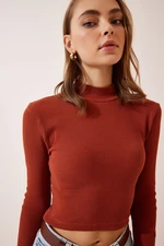 Happiness İstanbul Women's Tile Corduroy Turtleneck Crop Knitted Blouse