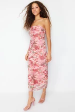 Trendyol Pink Gather/Drape Detailed Abstract Patterned Fitted Maxi Flexible Knitted Pencil Dress