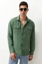 Trendyol Dark Green Limited Edition 100% Linen Regular Fit Shirt