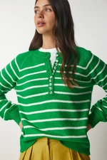 Happiness İstanbul Women's Vibrant Green Buttoned Collar Striped Knitwear Sweater