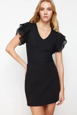 Trendyol Black Sleeves Tulle Detailed Fitted V-neck Stretchy Knitted Blouse