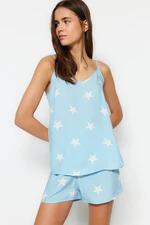 Trendyol Blue Star Patterned Rope Suspender Viscose Shorts Woven Pajama Set