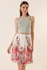 By Saygı Large Floral Patterned Short Chiffon Skirt Red With Elastic Waist Lined.