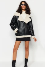 Trendyol Black Faux Leather Plush Collar Detailed Coat