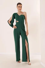 By Saygı Single Sleeve Stony Rope Strap Decollete Decollete Crepe Jumpsuit with Slit Leg