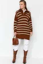 Trendyol Brown Striped Collar Zippered Knitwear Sweater