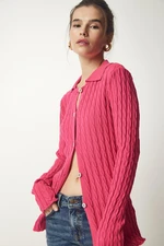 Happiness İstanbul Women's Pink Polo Collar Knitted Sweater Cardigan