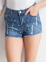 Blue denim shorts with pearls and rifts