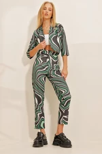 Trend Alaçatı Stili Women's Green Patterned Jacket Pants Set