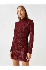 Koton Women's Sequin Dress Evening Dress High Neck Long Sleeve Short