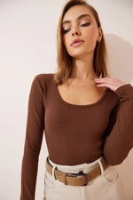 Happiness İstanbul Women's Brown U-Neck Ribbed Knitted Blouse