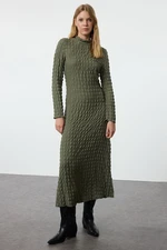 Trendyol Khaki Plain Textured High Collar A-Line Flexible Maxi Knitted Dress