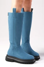 Mio Gusto Petrol Blue Color Suede Fur Lined Women's Boots with Back Zipper