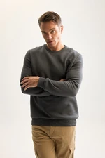 DEFACTO Anthracite 3 Thread Cotton Raised Polar Fleece Regular Fit Crew Neck Thick Sweatshirt