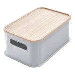 Sivý úložný box s vekom z dreva paulownia iDesign Eco Handled, 21,3 x 30,2 cm