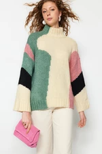 Trendyol béžová jemná textúrovaná farba blok pletený sveter