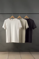 Trendyol Stone-Ecru-Anthracite Pánske basic Slim Fit tričko 100% bavlna 3-pack