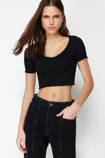 Trendyol Black Pool Collar Baby Overlock Detailed Crop Ribbed Stretchy Knitted Blouse