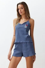 Trendyol Blue Textured Embroidered Rope Strap Knitted Pajama Set