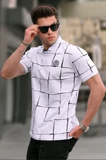 Madmext White Patterned Polo Neck T-Shirt 5887