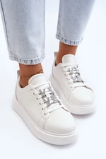 Women's leather sneakers with embellishments, white dysuria