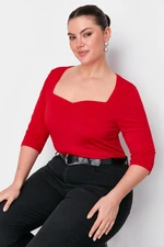 Trendyol Curve Red Heart Neck Fitted Knitted Blouse