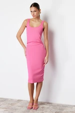 Trendyol Pink Pool Collar Back Low-cut Gathered Body Wrap Flexible Knitted Midi Pencil Dress