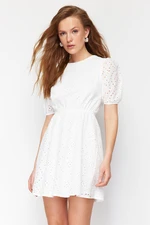 Trendyol Ecru A-Line Mini Embroidery Woven Dress with Elastic Waist