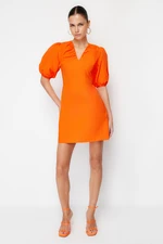 Trendyol Orange Waist Opening Poplin Gathered Mini Woven Dress