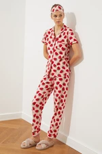 Trendyol Pink Strawberry Patterned Piping Detailed Sleep Band Knitted Pajama Set