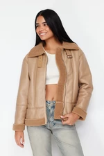 Trendyol Beige Plush Detailed Faux Leather Coat