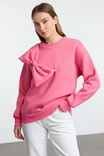 Trendyol Pink Thin Crew Neck Ribbon Detailed Oversize/Comfortable Fit Knitted Sweatshirt