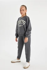 DEFACTO Girl Printed Crew Neck Sweatshirt Elastic Waist Jogger Tracksuit Bottom 2-Piece Set