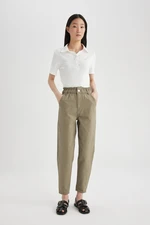 DEFACTO Paperbag Gabardine Trousers High Waist Pocket Basic Straight Standard Leg