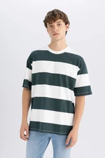 DEFACTO Men's Green Boxy Fit Wide Cut Crew Neck White Striped Cotton Short Sleeve T-Shirt D5595ax24au