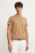 Bavlnené tričko Tommy Hilfiger pánsky, béžová farba, s nášivkou