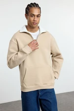 Trendyol Beige Oversize/Wide Cut Stand Collar Zippered Polar Fleece Inside/Warm Sweatshirt