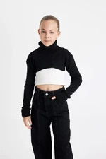 DEFACTO Girl's Black and White Crop Turtleneck Sweater