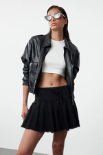 Trendyol Black Pleated Tied Mini Denim Shorts Skirt