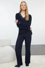 Trendyol Navy Blue Piping Detailed Ribbed Knitted Pajama Set