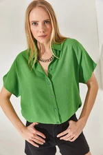 Olalook Women's Peanut Green Bat Oversize Linen Shirt