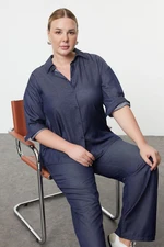 Trendyol Curve Navy Blue Flexible Waist Woven Plus Size Shirt-Pants Bottom-Top Set