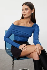 Trendyol Indigo Asymmetrical Collar Draped Fitted Knitted Bodysuit