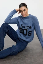 Trendyol Blue Soft Textured Slogan Detailed Knitwear Sweater