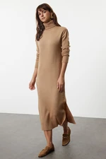 Trendyol Camel Midi Knitwear Wide Pattern Soft Texture Dress